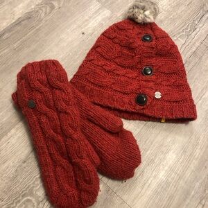 Lole Red Cable Knit Hat and Mittens with Buttons and Real Rabbit Fur
